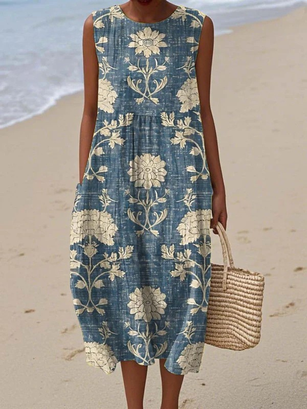 Women's Vintage Floral Pattern Art Print Sleeveless Pocket Wrap Dress