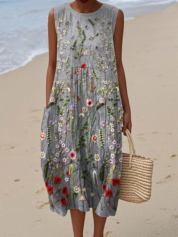 Women's Vintage Floral Art Print Sleeveless Pocket Wrap Dress