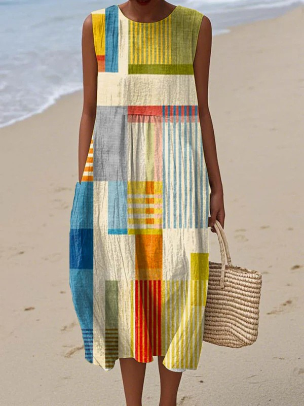 Women's Abstract Geometric Pattern Art Print Sleeveless Pocket Wrap Dress
