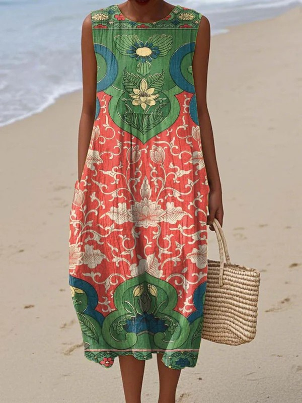 Women's Vintage Floral Pattern Art Print Sleeveless Pocket Wrap Dress