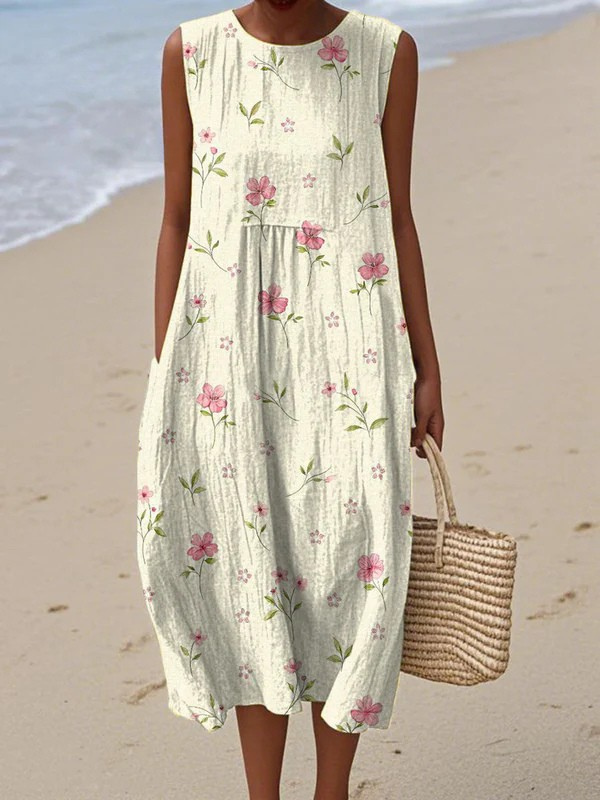 Women's Vintage Floral Art Print Sleeveless Pocket Wrap Dress