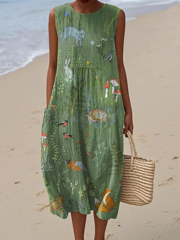 Women's Vintage Woodland Animals Pattern Art Print Sleeveless Pocket Wrap Dress
