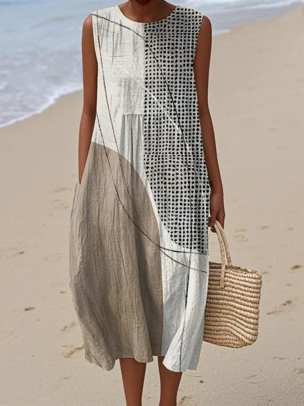 Women's Abstract Geometric Pattern Art Print Sleeveless Pocket Wrap Dress
